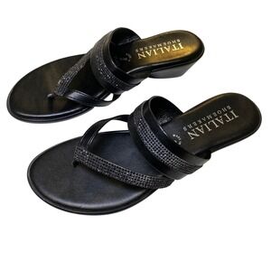 Italian Shoemakers Black Rhinestone Thong Wedge Sandals Women's 7.5 Italy